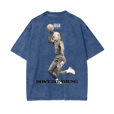 Blue t-shirt with graphic of a person playing basketball and text 'DON'T DIE YOUNG' on a white background
